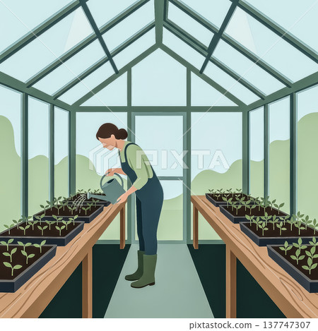 A woman in overalls waters young plant seedlings inside a glass greenhouse. illustration captures the peaceful process of nurturing new life and growing your own food.. Vector illustration 137747307