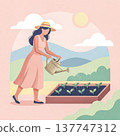 a woman in a pink dress and sun hat watering her garden. peaceful scene captures the joy and serenity of gardening as a hobby and a form of self-care. Perfect for concepts of slow living and wellness 137747312