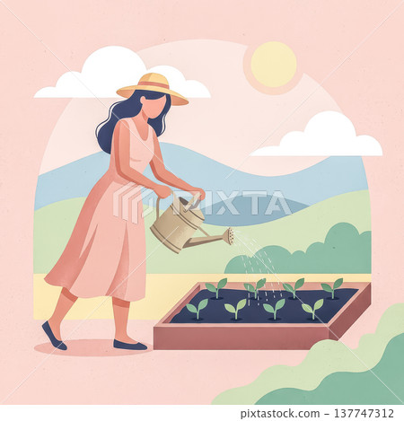 a woman in a pink dress and sun hat watering her garden. peaceful scene captures the joy and serenity of gardening as a hobby and a form of self-care. Perfect for concepts of slow living and wellness 137747312