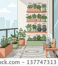 A beautiful illustration of a container herb garden on a city balcony. A peaceful, green oasis for a sustainable, urban lifestyle.. Vector illustration 137747313