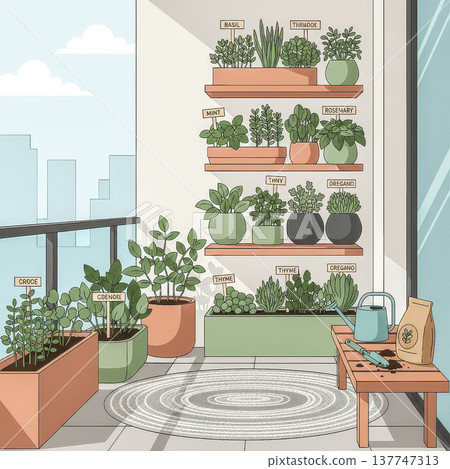 A beautiful illustration of a container herb garden on a city balcony. A peaceful, green oasis for a sustainable, urban lifestyle.. Vector illustration 137747313
