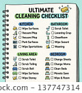A colorful, hand-drawn doodle of a cleaning checklist for different rooms. A humorous take on household chores and organization.Vector illustration 137747314