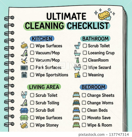 A colorful, hand-drawn doodle of a cleaning checklist for different rooms. A humorous take on household chores and organization.Vector illustration 137747314