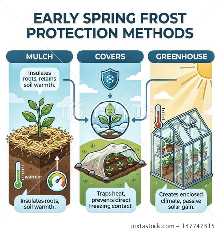 educational illustration explaining three key methods to protect plants from frost in early spring. how mulch, covers, greenhouses help insulate and trap heat ensure plant survival during cold snaps. 137747315