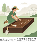 A modern, minimalist illustration of a woman in a hat planting seeds. Gardening, growing your own food, and a sustainable lifestyle concept. Vector illustration 137747317