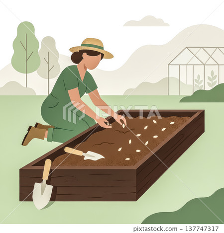A modern, minimalist illustration of a woman in a hat planting seeds. Gardening, growing your own food, and a sustainable lifestyle concept. Vector illustration 137747317