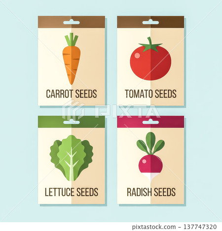A collection of colorful vegetable seed packets in a minimalist, flat design style. Gardening, healthy eating, and homegrown food concept.. Vector illustration 137747320