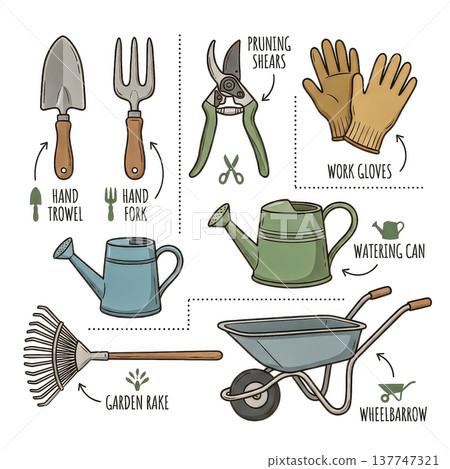 A cute, hand-drawn infographic showing a collection of essential gardening tools. Includes labeled items like a trowel, rake, and wheelbarrow. Vector illustration A cute, hand-drawn infographic showing a collection of essential gardening tools. Includes labeled items like a trowel, rake, and wheelbarrow. Vector illustration 137747321