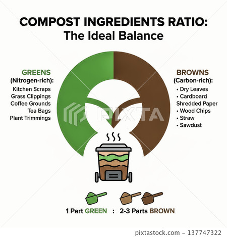 educational infographic illustrating the perfect compost recipe. explains the ideal ratio of greens (nitrogen-rich) to browns (carbon-rich) materials for a healthy compost pile.. Vector illustration 137747322