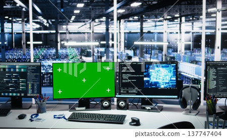 Server room chroma key PCs tracking rigs processing machine learning datasets for artificial intelligence operations. Green screen computers monitoring gear used in AI large language model development 137747404