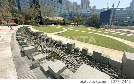 Modern urban park with outdoor huge display abstract water feature and contemporary architecture in daylight Modern urban park with outdoor huge display abstract water feature and contemporary architecture in daylight 137747442