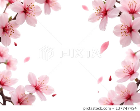 以盛開的櫻花和飄動的花瓣為特色的春日花卉背景。 137747454