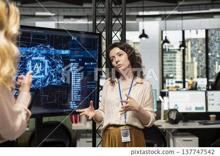 General management boss presenting advanced AI algorithms and predictive models to enhance organizational growth strategy, employee performance and long term company objectives. 137747542