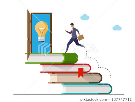 Flat illustration of man climb ladder on stack of book to find creative lightbulb creativity knowledge education to develop skill inspiration to get solution stock illustration Flat illustration of man climb ladder on stack of book to find creative lightbulb creativity knowledge education to develop skill inspiration to get solution stock illustration 137747711