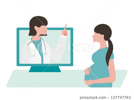 向量圖，描繪了一位女醫生在進行線上問診時，正在指著一位孕婦。 137747763