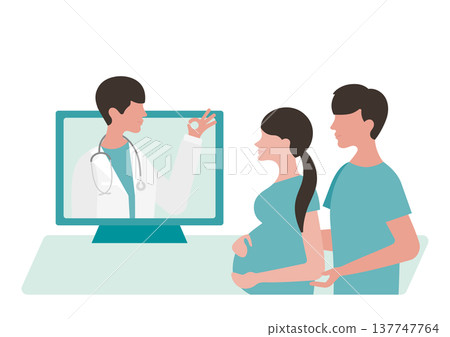 Vector illustration of a doctor making an OK sign and a couple having an online consultation. Vector illustration of a doctor making an OK sign and a couple having an online consultation. 137747764