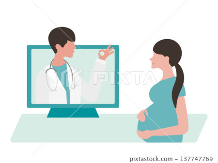 Vector illustration of a doctor making an OK sign and a pregnant woman having an online consultation. 137747769