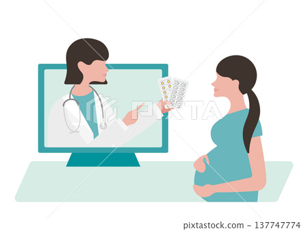 向量圖描繪了一位女醫生和一位孕婦正在進行線上諮詢並服用藥物的場景。 向量圖描繪了一位女醫生和一位孕婦正在進行線上諮詢並服用藥物的場景。 137747774