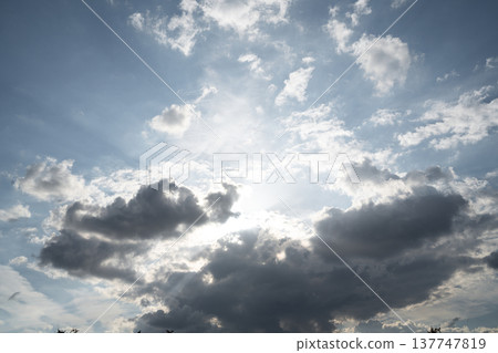 Beautiful image of blue sky with clouds and bright sun. 137747819