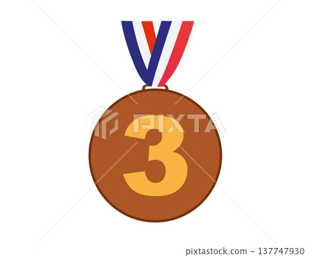 Bronze medal with number three and ribbon flat icon, representing third place achievement 137747930