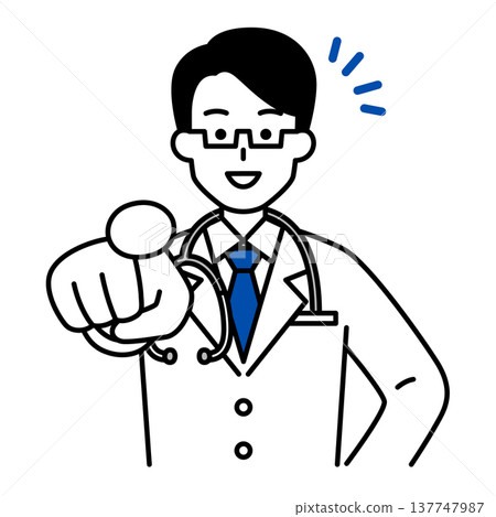 A male doctor points with a smile. 137747987