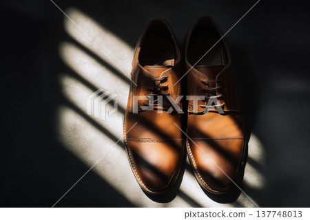 Classic leather shoes placed on flat surface, top view. Clear details on texture and color, shadows cast across shoes. Perfect for catalogue or magazine, stylish men shoes 137748013