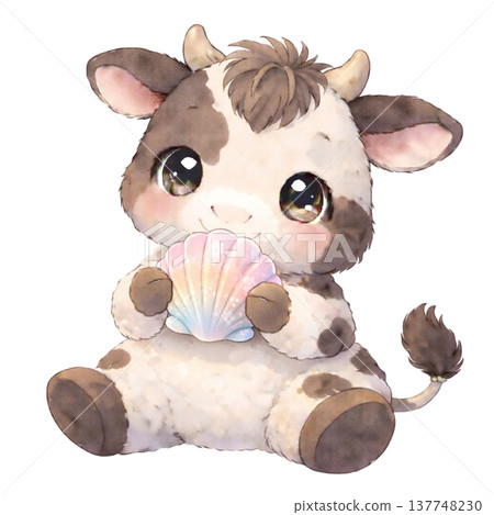 [Summer] Illustration of a cow holding a seashell - Stock Illustration ...