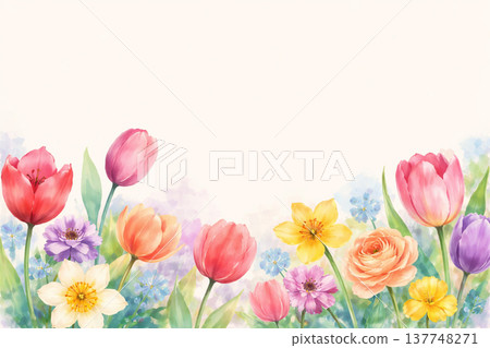 AI generated watercolor style illustration of colorful spring flowers forming bottom border with soft pastel blooms and leaves on light background with copy space for design AI generated watercolor style illustration of colorful spring flowers forming bottom border with soft pastel blooms and leaves on light background with copy space for design 137748271