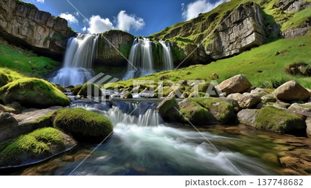 清晨的陽光灑在岩石山上的瀑布上,波光粼粼,營造出一種奇幻的氛圍——神秘的自然數位藝術喚起人們的希望。 清晨的陽光灑在岩石山上的瀑布上,波光粼粼,營造出一種奇幻的氛圍——神秘的自然數位藝術喚起人們的希望。 137748682