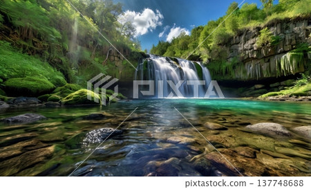 清晨的陽光灑在岩石山上的瀑布上，波光粼粼，營造出一種奇幻的氛圍——神秘的自然數位藝術喚起人們的希望。 137748688