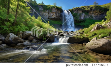 清晨的陽光灑在岩石山上的瀑布上，波光粼粼，營造出一種奇幻的氛圍——神秘的自然數位藝術喚起人們的希望。 137748694