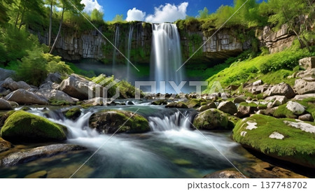 清晨的陽光灑在岩石山上的瀑布上,波光粼粼,營造出一種奇幻的氛圍——神秘的自然數位藝術喚起人們的希望。 清晨的陽光灑在岩石山上的瀑布上,波光粼粼,營造出一種奇幻的氛圍——神秘的自然數位藝術喚起人們的希望。 137748702