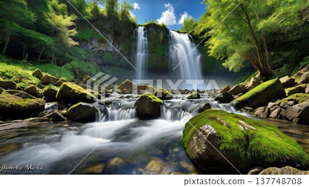 A waterfall on a rocky mountain shimmering in the morning light, creating a fantastical atmosphere—mysterious nature digital art that evokes a sense of hope. A waterfall on a rocky mountain shimmering in the morning light, creating a fantastical atmosphere—mysterious nature digital art that evokes a sense of hope. 137748708