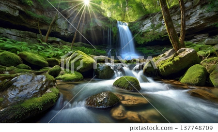 清晨的陽光灑在岩石山上的瀑布上,波光粼粼,營造出一種奇幻的氛圍——神秘的自然數位藝術喚起人們的希望。 清晨的陽光灑在岩石山上的瀑布上,波光粼粼,營造出一種奇幻的氛圍——神秘的自然數位藝術喚起人們的希望。 137748709