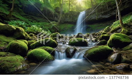 清晨的陽光灑在岩石山上的瀑布上,波光粼粼,營造出一種奇幻的氛圍——神秘的自然數位藝術喚起人們的希望。 清晨的陽光灑在岩石山上的瀑布上,波光粼粼,營造出一種奇幻的氛圍——神秘的自然數位藝術喚起人們的希望。 137748736