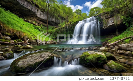 清晨的陽光灑在岩石山上的瀑布上，波光粼粼，營造出一種奇幻的氛圍——神秘的自然數位藝術喚起人們的希望。 137748751