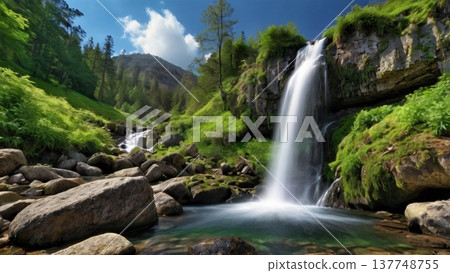 清晨的陽光灑在岩石山上的瀑布上，波光粼粼，營造出一種奇幻的氛圍——神秘的自然數位藝術喚起人們的希望。 137748755