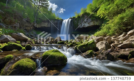 清晨的陽光灑在岩石山上的瀑布上，波光粼粼，營造出一種奇幻的氛圍——神秘的自然數位藝術喚起人們的希望。 137748759