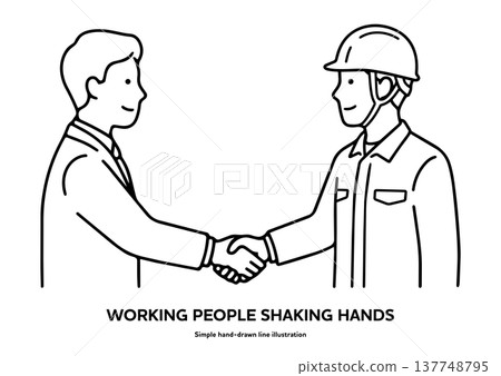 一幅黑白線條畫，描繪了一位商人與一位工人握手的場景。 （白色和藍色） 137748795