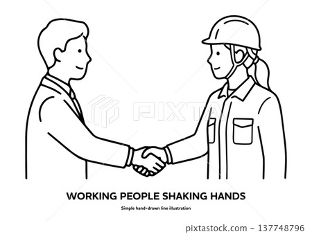 這是一幅黑白線條畫，描繪了一位商人與女員工握手的場景。它像徵著不同職業人士之間的合作。 137748796