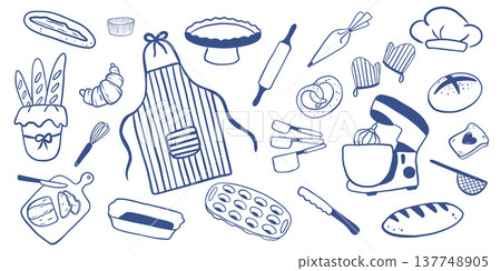 Hand drawn baking set blue color, ingredients, and tools in a sketch style. Vintage culinary process, cozy kitchen, bakery branding. Hand drawn baking set blue color, ingredients, and tools in a sketch style. Vintage culinary process, cozy kitchen, bakery branding. 137748905