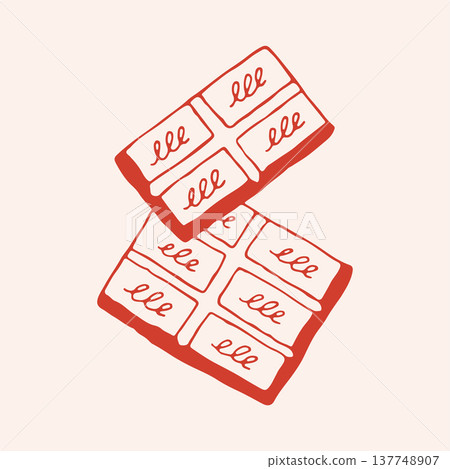 Hand drawn vector illustration of two chocolate bars with decorative swirls. Minimalist red line art icon of cocoa candy snack for sweet shop branding and food packaging design 137748907