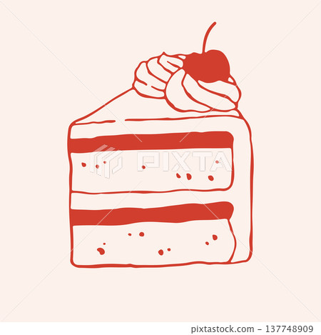 Vector illustration of a delicious layer cake slice with whipped cream and cherry on top. Hand drawn red line art of festive sponge cake piece for bakery branding and birthday cards 137748909