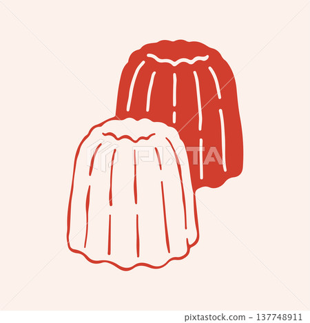 Hand drawn vector illustration of two traditional French canele pastries. Minimalist red line art icon of delicious Bordeaux dessert for bakery menu and food design. High quality sweet snack clipart Hand drawn vector illustration of two traditional French canele pastries. Minimalist red line art icon of delicious Bordeaux dessert for bakery menu and food design. High quality sweet snack clipart 137748911