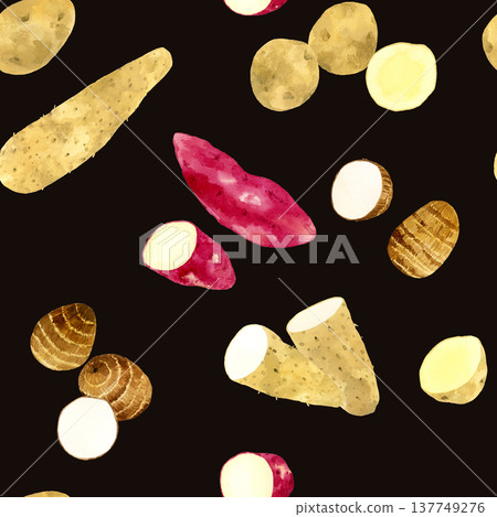 Seamless pattern of various sweet potatoes - Hand-drawn watercolor illustrations of vegetables 137749276
