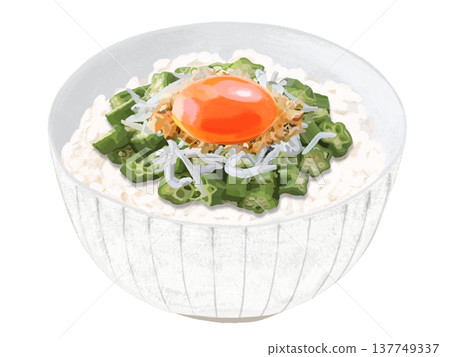 Okra rice bowl (with egg yolk, bonito flakes, and whitebait) 137749337