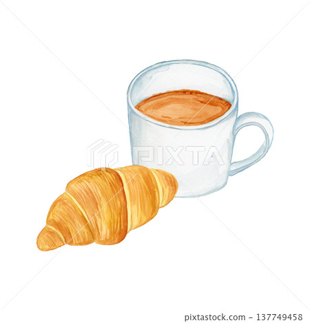手繪水彩插圖,描繪了咖啡和羊角麵包 手繪水彩插圖,描繪了咖啡和羊角麵包 137749458