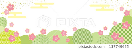Japanese-style horizontal banner frame with Japanese pattern circle and cherry blossoms / light green 137749655