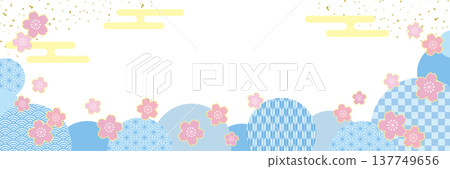 Japanese-style horizontal banner frame with Japanese pattern circle and cherry blossoms / light blue 137749656