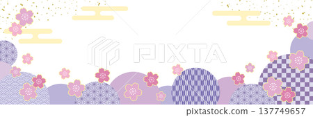 Japanese-style horizontal banner frame with Japanese pattern circle and cherry blossoms / purple 137749657